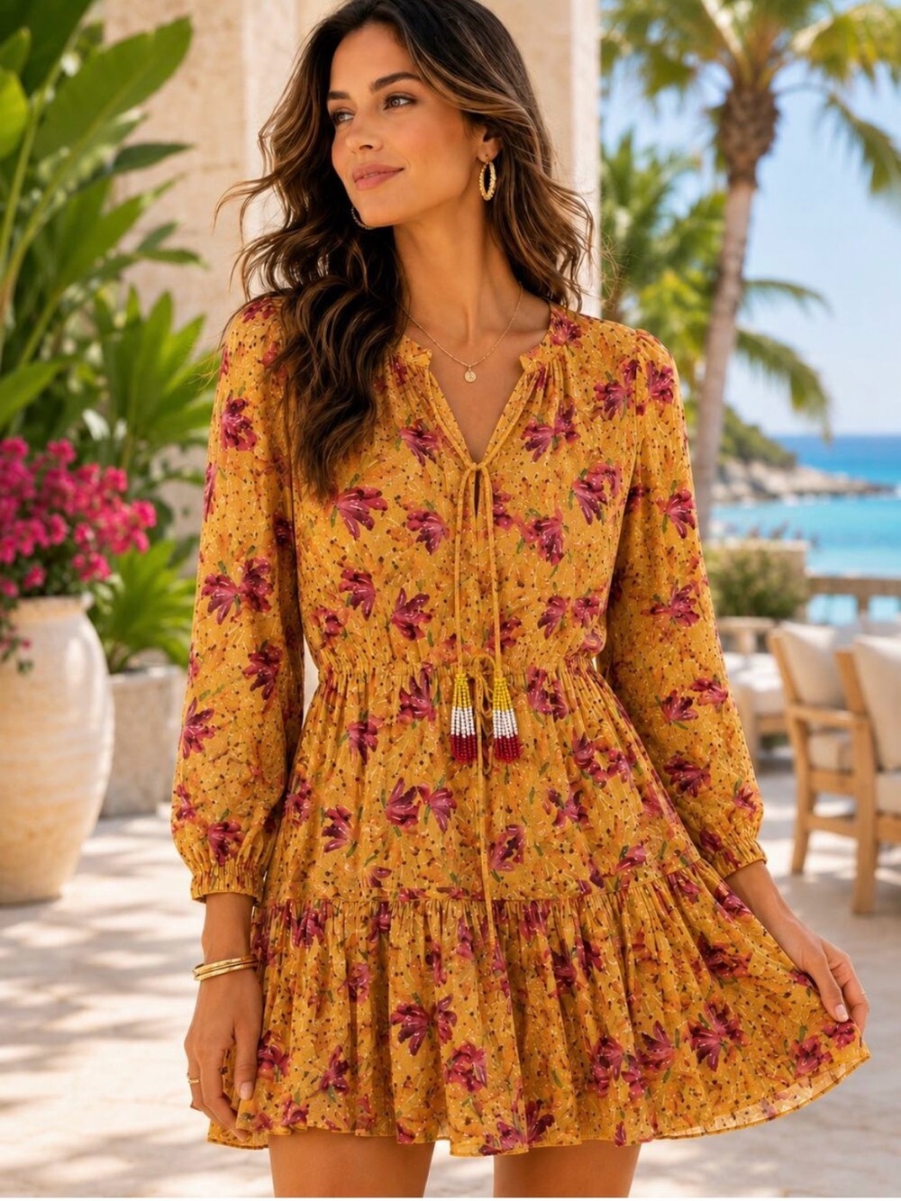 FARM Rio Mustard Floral Tie-Front Tiered Mini Dress